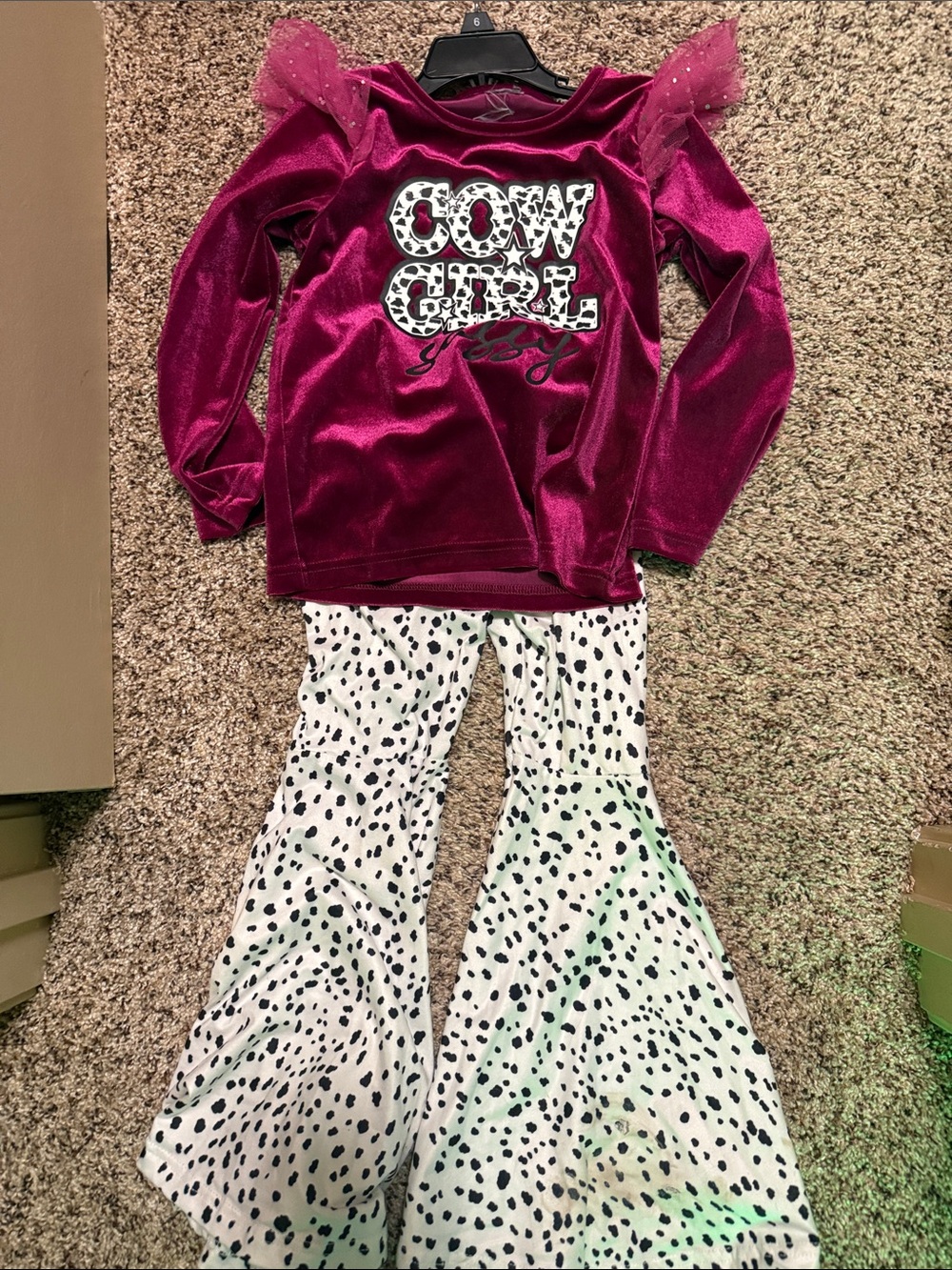 CO Magenta Velvet Cowgirl Top with Black-and-White Dalmatian Bell-Bottoms
